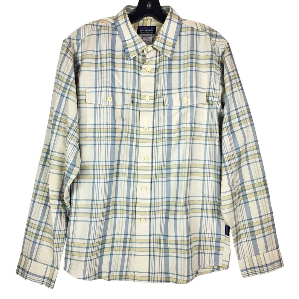 PATAGONIA Shirt Mens Small Beige Tartan Plaid Casual Button Down Outdoor